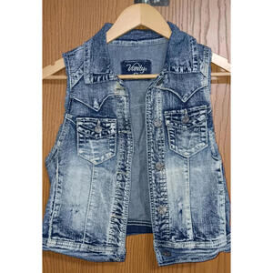 Vintage Vanity Womens Denim Jean Vest Jacket Size Small Two Pockets Button Up...